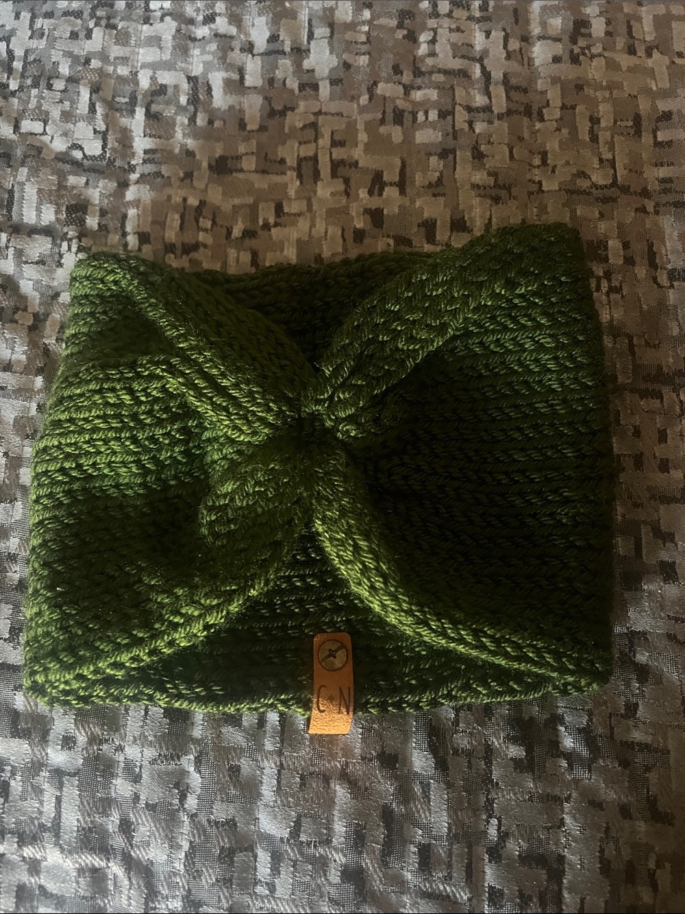 Knit Twist Headband in Olive Green with Leather Tag